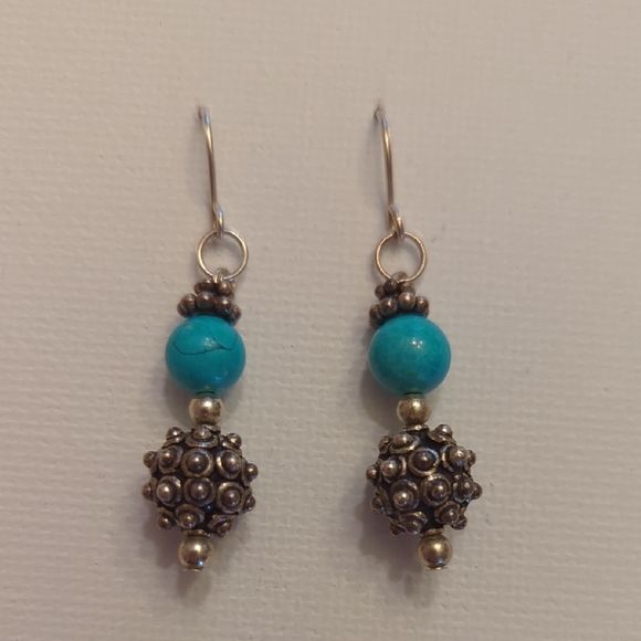 Vintage Jewelry - Vintage Turquoise and Sterling Silver Beaded Earrings